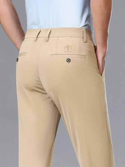Men's Stretch Dress Pants, Beige with Embroidered Logo - Straight Fit, Wrinkle-Resistant, Polyester Blend, Ideal for Business Casual or Formal Occasions, Allseason Wear|Straight Cut Pants|Stretch Fabric