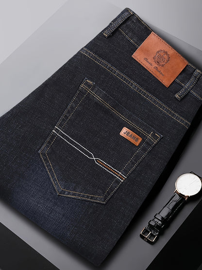 Men's Classic Business Casual Jeans - All-Season Black Denim with Patch Detail, Comfort Fit & Versatile Style