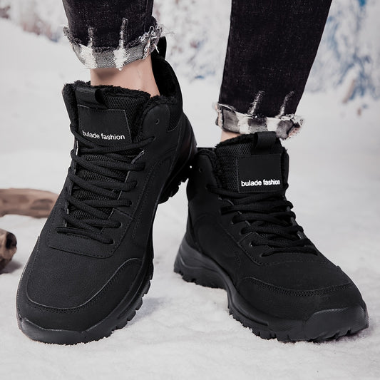 Men'S Mid-Top Winter Snow Boots - Lightweight, Non-Slip, Warm Plush Lining, Durable MD Sole, Black Workwear & Street Style for Outdoor Sports, Hiking, and Daily Leisure, Winter Boots, Hiking Footwear, Sleek Boot Design, Flexi