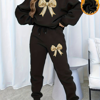 Women'S Sparkling Bow Print Sweatshirt and Pants Set - Casual Long Sleeve Pullover with Glittery Bow Design, Black and Gray, Perfect for Casual Attire, Casual Wear|Sparkling Bow Design|Stretchy Fabric