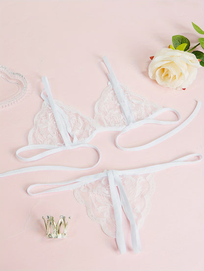 Sexy V-Neck Lace Floral Sexy Lingerie Bra Crotchless Panties, Women'S Sexy Lingerie, Free-To-Take Three-Point Lingerie Set, Suitable for Halloween, Christmas, Thanksgiving, Valentine'S Day, Give Gifts to Girlfriends And Surpr