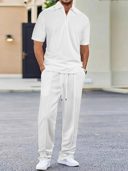 Men's 2pcs Waffle Knit Casual Outfit: Zip-Up Short Sleeve Collared Shirt & Drawstring Pants - Black, Polyester Blend, Ideal for Casual Attire in Spring/Summer