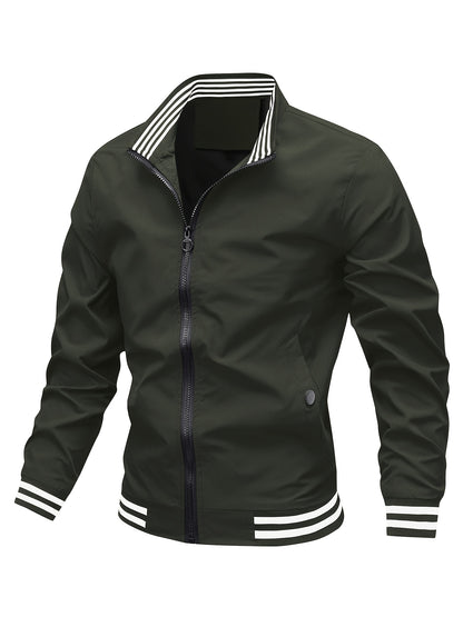 Men's Stand Collar Long Sleeve Zip Up Sports Jacket With Contrast Trim Design, Men's Spring Fall Outwear, As Gifts