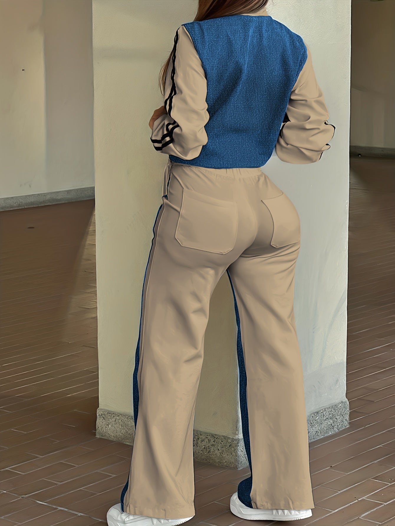 [Printed Pants - Not Faux Denim Fabric]Fashionable Casual Patchwork Zipper Slim Pocket Long-Sleeved Jacket & Patchwork Pocket Faux Jeans Loose Straight-Leg Pants - Fashionable Casual Set - ayq
