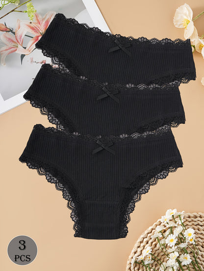 3-Pack Dark Cotton Women's Briefs with Lace Trim and Bow