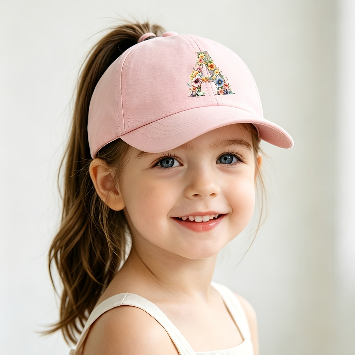 Adjustable Pink Baseball Cap for Kids with Floral Alphabet Design