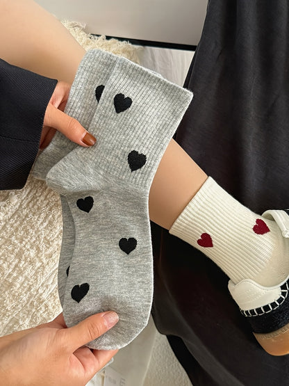 5 Pairs Cozy Women'S Knee-High Socks with Heart Pattern - Polyester and Spandex Blend, Knit Fabric, Machine Washable