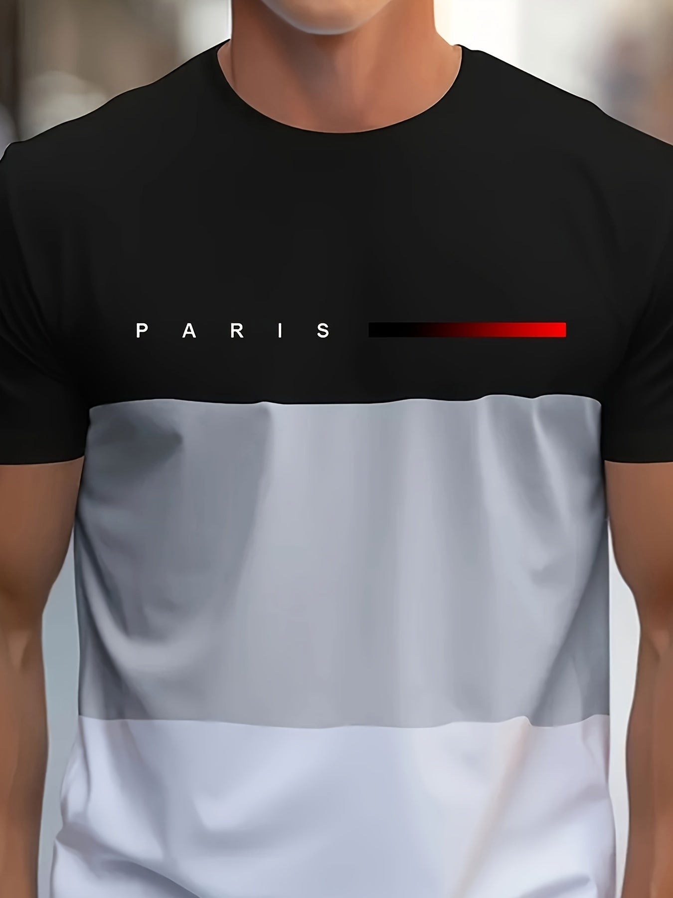 Men's Casual Crew Neck T-Shirt with Paris Print, Short Sleeve Knit Polyester Blend Top for Spring/Summer Outdoor Activities, Tee Shirts