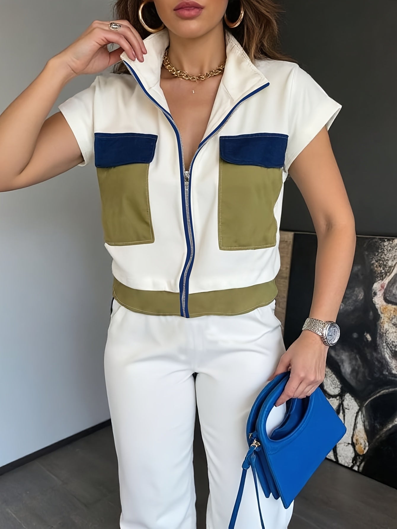New Spring And Summer Fashion Color-Blocking Two-Piece Set Featuring a Short-Sleeve Zip Design And Wide-Leg Casual Pants for Women