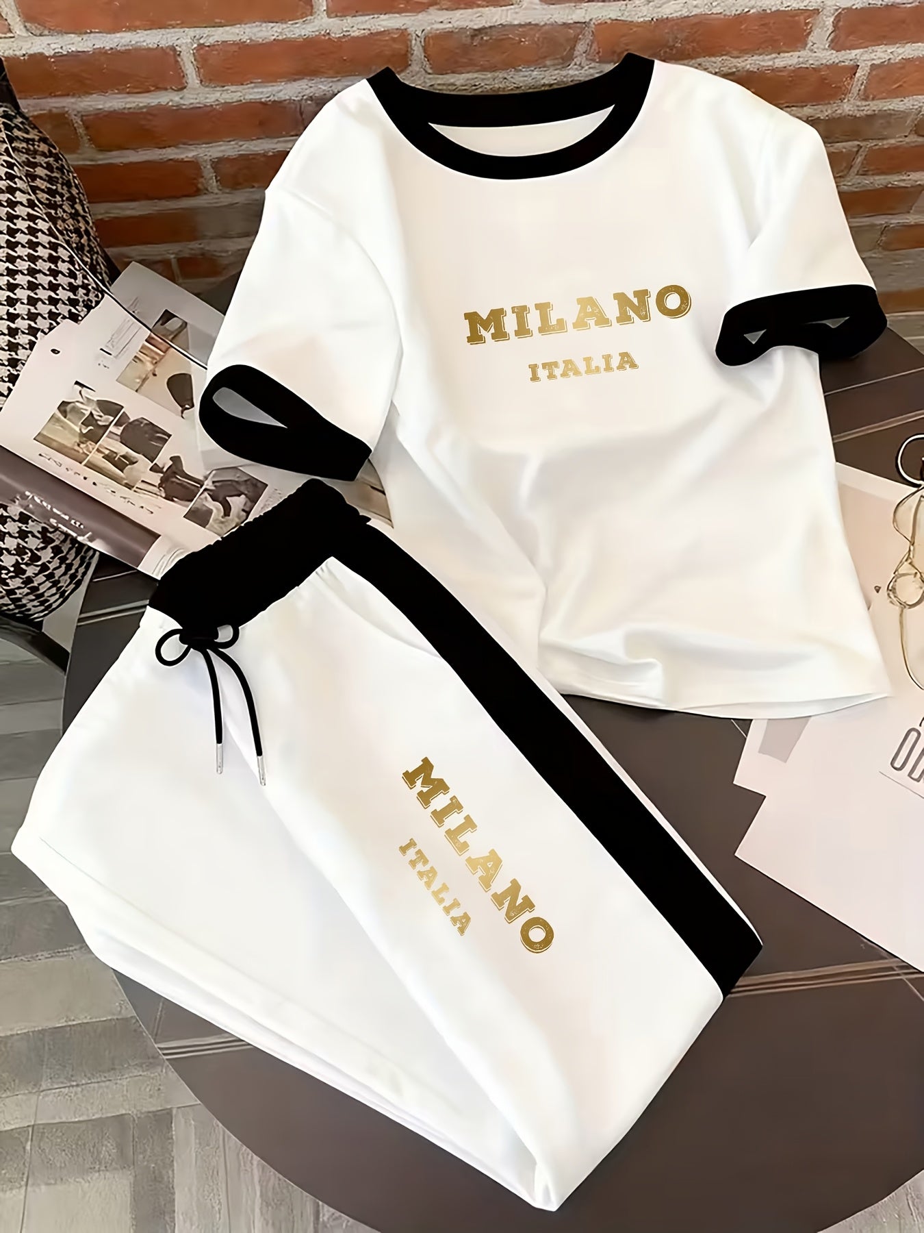 Women’s Casual Commuter 2-Piece Polyester T-Shirt & Wide-Leg Pants Set