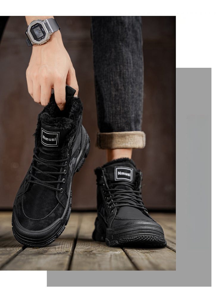 Men's High-Top Winter Boots with -Like Collar & - Heavy-Duty PU Upper, PVC Sole, Beige/Tan Lace-Up Snow Boots for Ice, Slush,, Outdoor (Warm Cold Weather Footwear)
