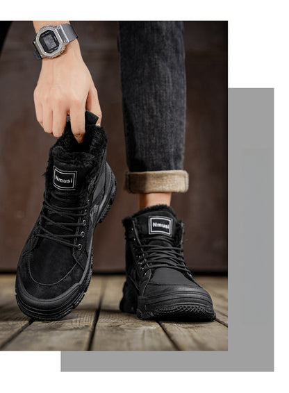Men's High-Top Winter Boots with -Like Collar & - Heavy-Duty PU Upper, PVC Sole, Beige/Tan Lace-Up Snow Boots for Ice, Slush,, Outdoor (Warm Cold Weather Footwear)