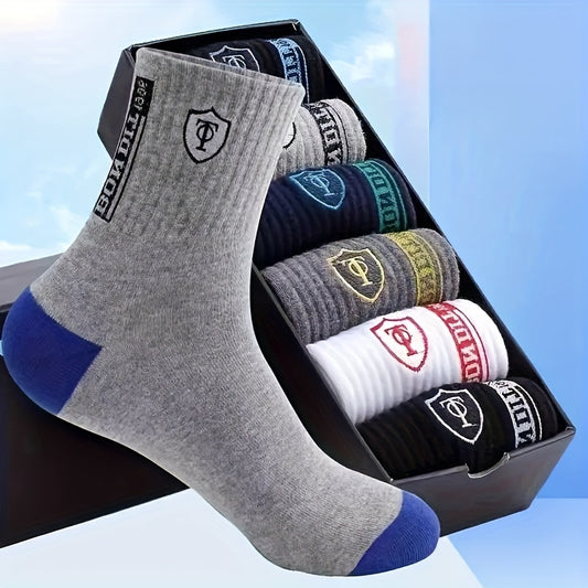 6 Pairs Men'S Cotton Sports Socks, Embroidered Sweat-Wicking Knit Fabric, Machine Washable, Mixed Color, Uncharged - No Box Included