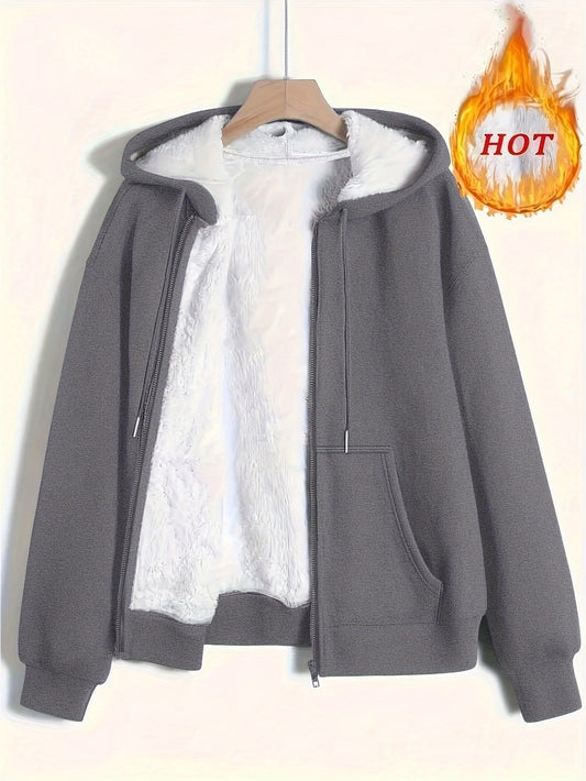 Women's Casual Solid Color Hooded Jacket with Drawstring, Long Sleeve Zip-Up Knit Polyester Coat for Fall/Winter, Cold Weather Apparel|Drawstring Hem|Plush Lined Jacket, Winter Jacket
