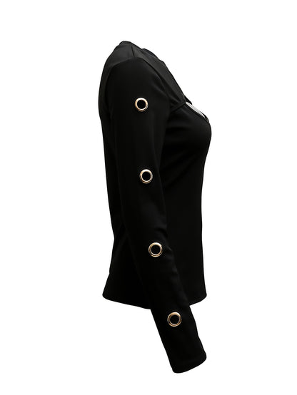 Women's Elegant Black Long Sleeve T-Shirt with Golden-Tone Circular Buttons - Round Neck Medium Stretch Top for Spring & Fall, Solid Color Regular Fit Casual to Semi-Formal Wear, Transitional Season Clothing, Sophisticated Bu