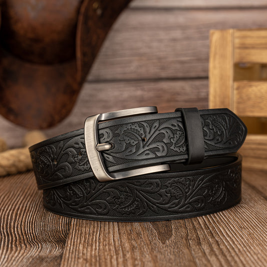 Preppy Style Men's Embossed PU Leather Belts with Vintage Leaf Pattern and Alloy Shaped Buckle