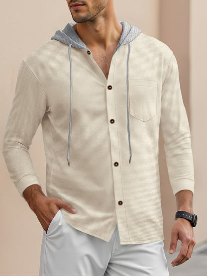 Men'S Lightweight Hooded Cardigan - Long Sleeve Sweater Jacket, Button-Front Closure, Light Grey Casual Outerwear for Office, Casual Attire - Breathable Fall/Spring Layering Essential, Sweater Cardigan, Waffle Texture, Durabl