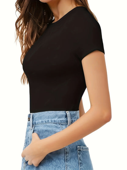 Women's Slim Fit Short Sleeve Bodysuit - Soft Stretch Round Neck, Black Solid Color, Smooth Polyester-Spandex Blend, All-Season Comfort Jumpsuit