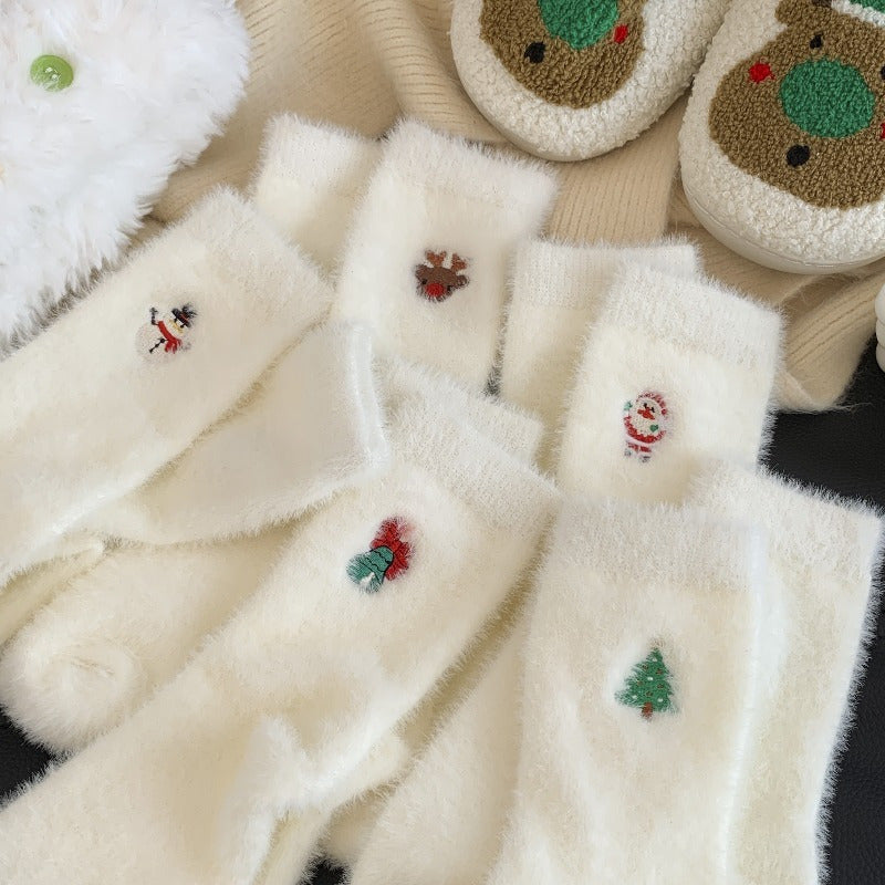 1 Pair Women's Cozy Furry Winter Thermal Socks - Thick Warm Plush Polyester with Festive Snowman, Gingerbread & Reindeer Embellishments, Soft Round Toe & Heel, Hand Wash Only - Christmas & New Year's Party Socks for Cold Weat