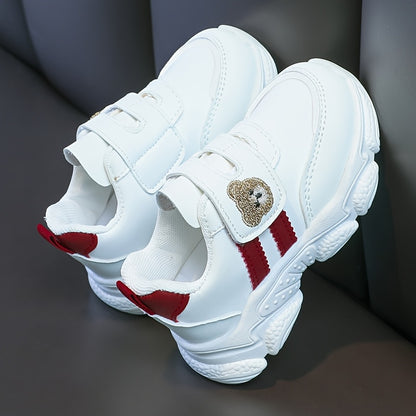 Girls' White Sneakers - Cute Cartoon Bear Design, Casual Low-Top Style with Hook-and-Loop Fastener, Comfortable Microfiber Synthetic Upper, All-Season Wear for Youngsters, Everyday Youngsters's Shoes | Playful Youngsters Snea