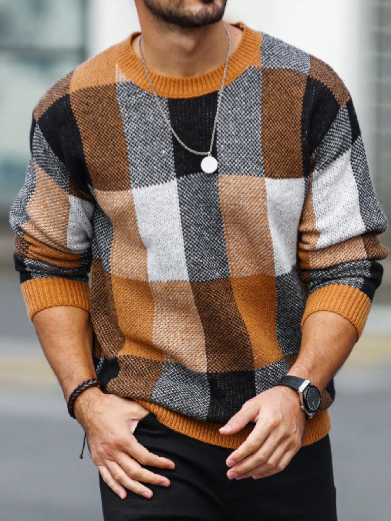 Men'S Casual Plaid Crew Neck Knit Sweater | Loose Fit, Long Sleeve, Fashionable Color Block Design, Suitable for Fall/Winter