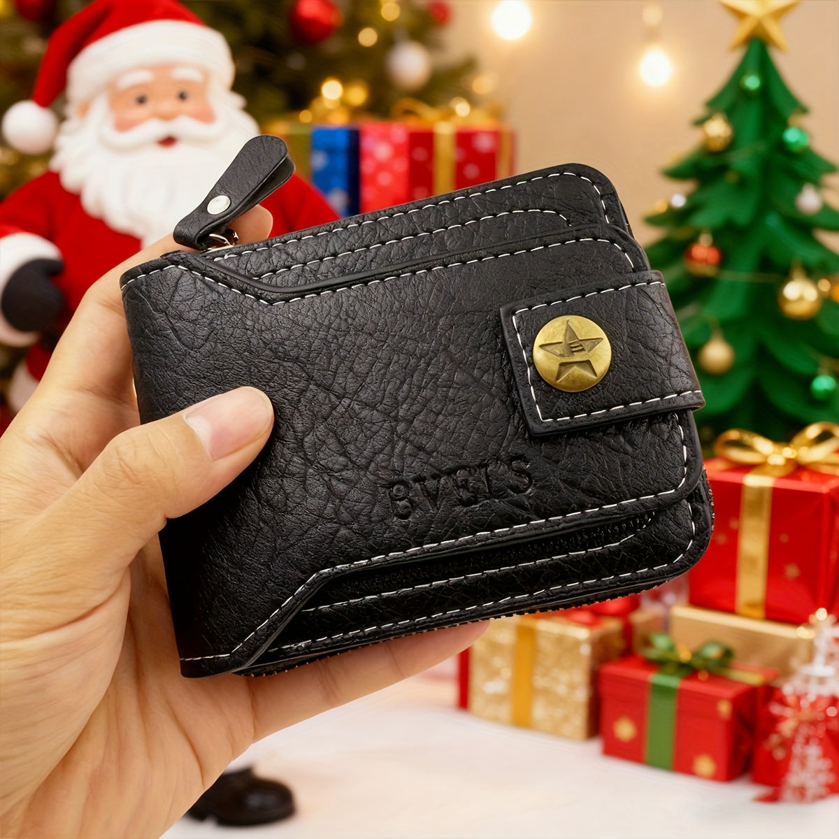 1pc of Casual Vintage Men'S Short Zip Wallet, Coin Purse with Pentagram Copper Buckle Design, Multifunctional Wallet (Christmas Gift)