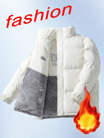 Տղամարդու երկկողմանի բրդյա ծածկույթով հաստ բաճկոն՝ առօրյա կանգնած օձիքով՝ տառերի տպագրությամբ, սովորական չափսերով, գրպաններով, պոլիեսթերային լցոնով, բազմակողմանի աշուն/ձմեռ համար, ձմեռային բաճկոն