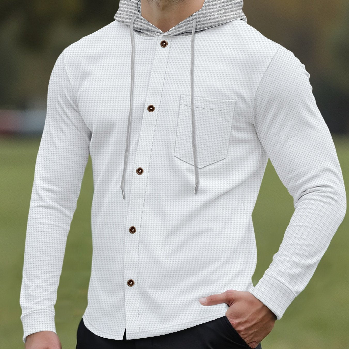 Men'S Lightweight Hooded Cardigan - Long Sleeve Sweater Jacket, Button-Front Closure, Light Grey Casual Outerwear for Office, Casual Attire - Breathable Fall/Spring Layering Essential, Sweater Cardigan, Waffle Texture, Durabl