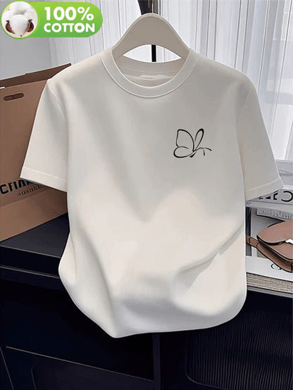 Women's Casual Cotton T-Shirt with Butterfly Applique, Lightweight Fit