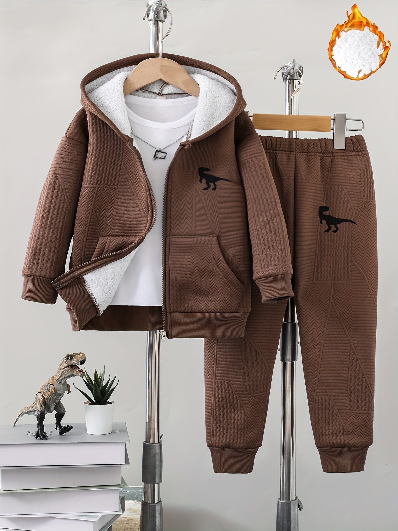 2pcs set of casual and fashionable fleece thickened Jacquard zipper pocket shoulder-length hooded sweatshirt and fleece Jacquard sports jogging pants suit, children's autumn and winter comfortable and versatile clothing, can