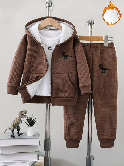 2pcs set of casual and fashionable fleece thickened Jacquard zipper pocket shoulder-length hooded sweatshirt and fleece Jacquard sports jogging pants suit, children's autumn and winter comfortable and versatile clothing, can