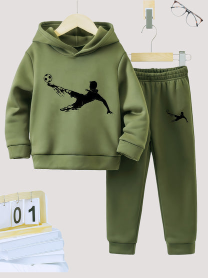 Autumn and Winter Fashion New 'asual Sporty Style Football Print Fleece-Lined Hoodie and Sweatpants Set, Suitable for Outdoor Activities, Casual Wear, Sports Apparel, Trendy Sportswear, Sporty Design, Warm Fabric, Soft Textur