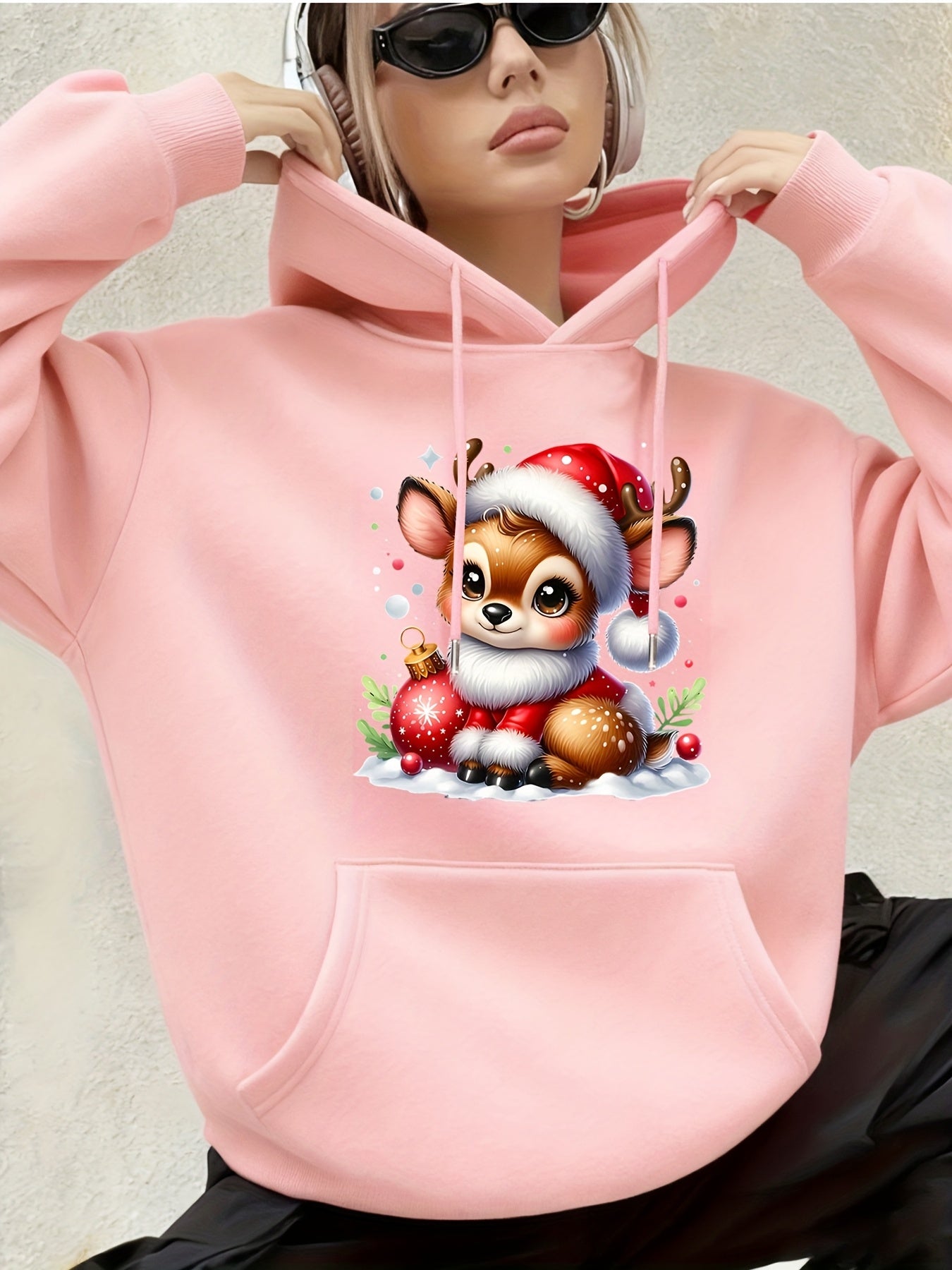 Women's Hooded Sweatshirt, Christmas Fashion Loose Elegant Long Sleeve Drawstring Hoodie, Atmospheric Print Red/Dark Green/Tender Pink/Violet Hooded Sweatshirt, Holiday Gift, Women's Clothing