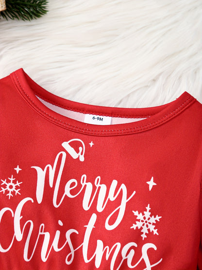 Տոնական երկար թևքերով, ծալքավոր զարդանախշերով զգեստ՝ Ձմեռ պապի և ձնեմարդու նախշերով, պոլիեսթերի խառնուրդով և թեթևակի ձգվող, գարուն/աշուն ամենօրյա տրիկոտաժե գործվածքից։