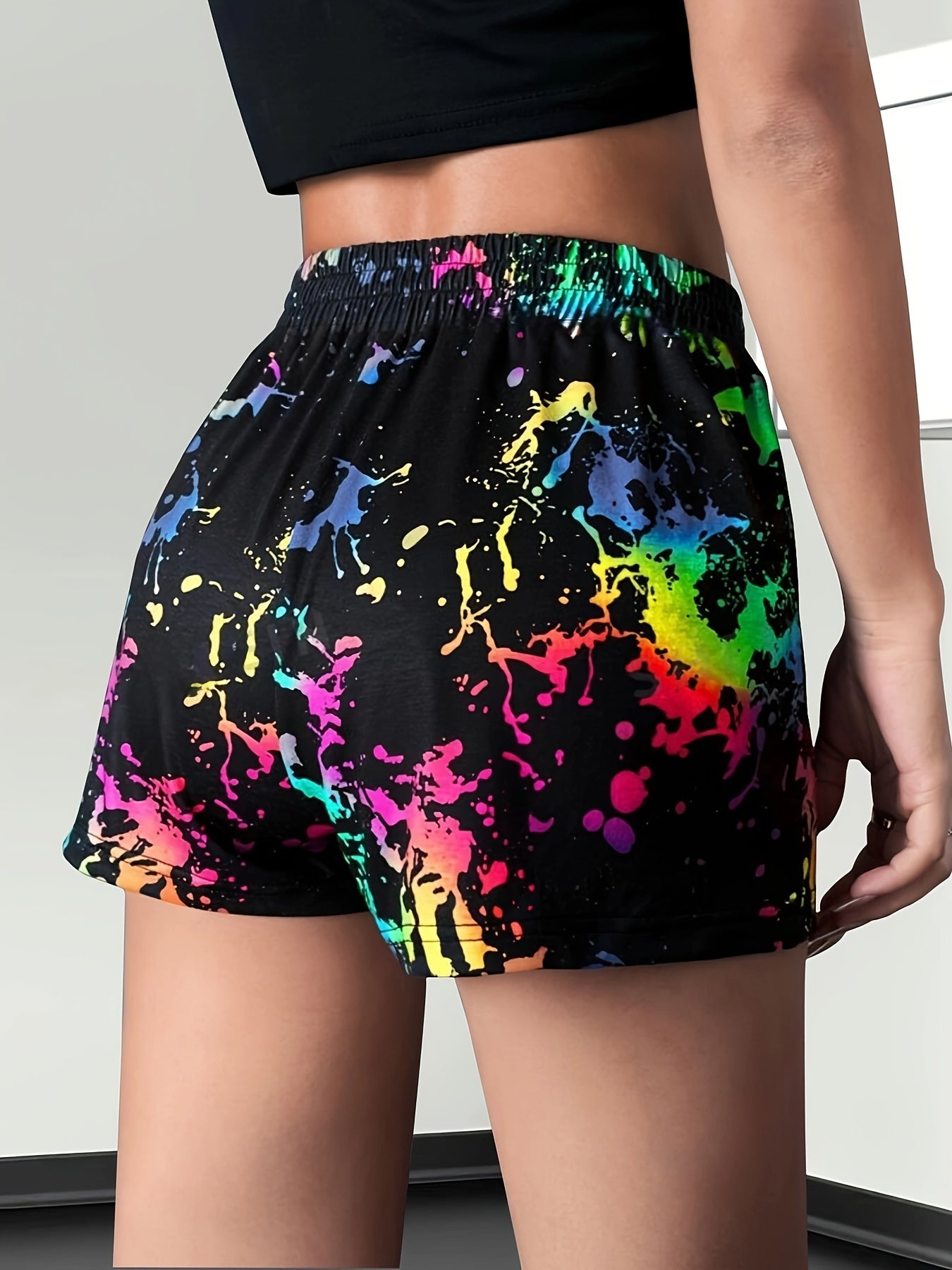 Patchwork Print Elastic Waist Shorts, Casual Skinny Shorts For Spring & Summer, Women's Clothing
