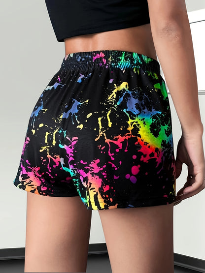 Patchwork Print Elastic Waist Shorts, Casual Skinny Shorts For Spring & Summer, Women's Clothing