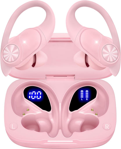 Pocbuds Bluetooth Headphones Wireless Earbuds 80Hrs Playtime Wireless Charging Case Digital Display Sports Ear Buds with Earhook Deep Bass IPX7 Waterproof Over-Ear Earphones for TV Phone Laptop Black