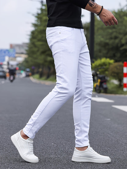 Slim Fit Chic Jeans, Men's Casual Street Style All Match Stretch Denim Pants With Pockets