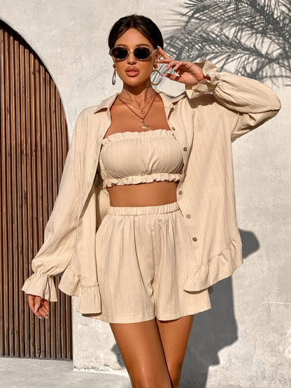 Women's 3-Piece Summer Set: Ruffle Camisole, Shorts & Button-Up Shirt