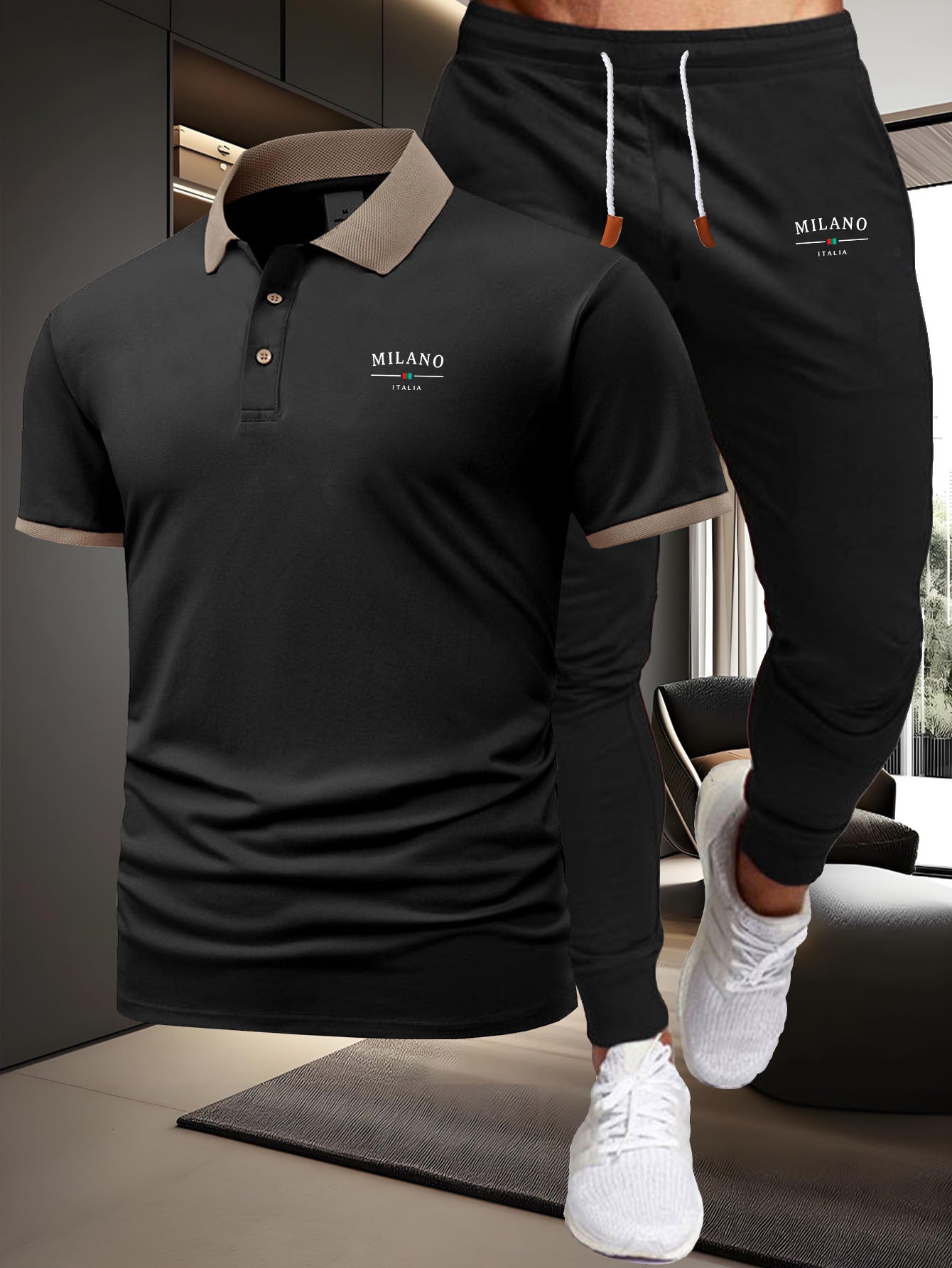A Two-Piece Casual Sports Outfit Featuring a Short-Sleeved T-Shirt with a Logo And Waist-Cinching Pants, Ideal for Spring And Summer Wear. - ayq