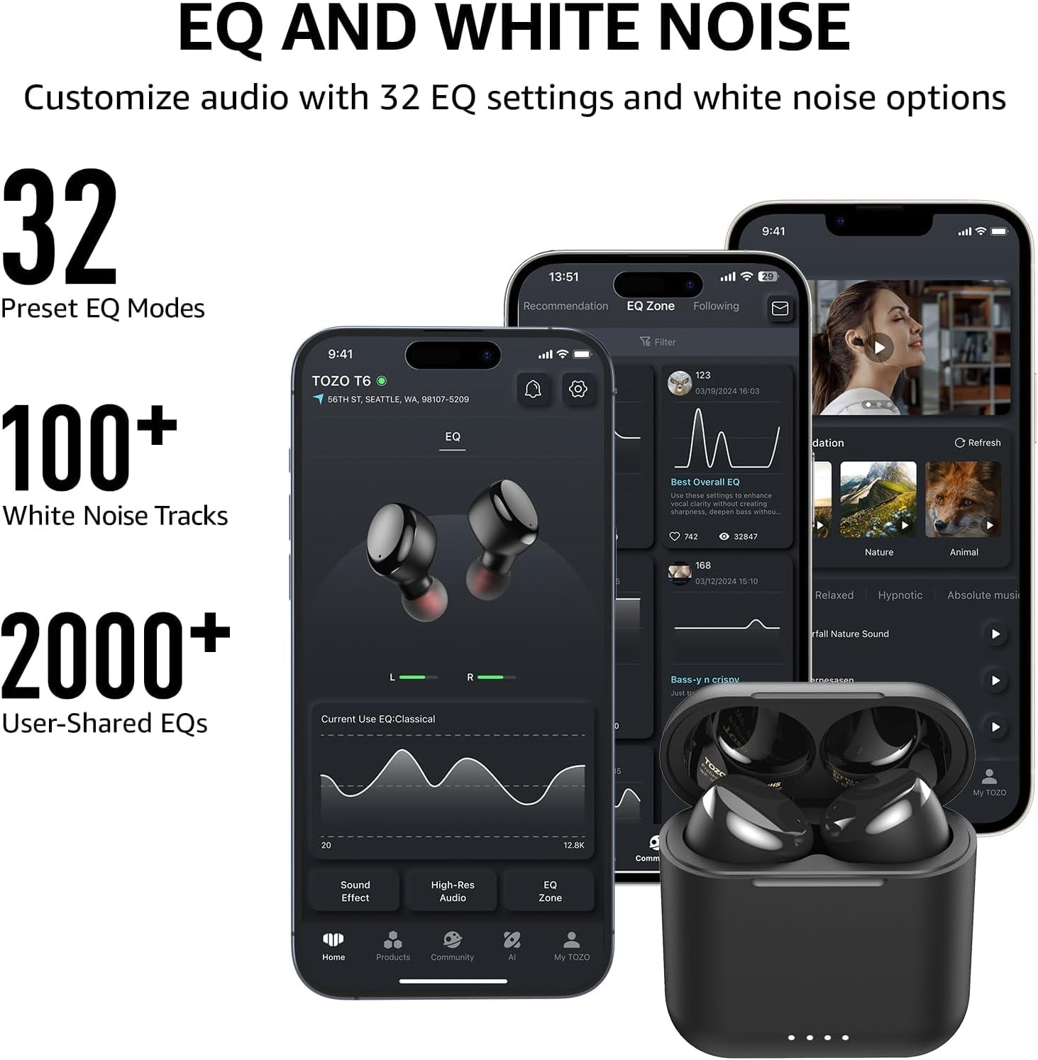 TOZO T6 True Wireless Earbuds Bluetooth 5.3 Headphones 45H Long Playtime, Wireless Charging Case, IPX8 Waterproof Stereo Earphones, Built-In Mic Calls, Headset Premium Deep Bass 32 Preset Eqs via APP