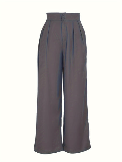 Solid Color Straight Leg Pants, Elegant High Waist Button Front Pants For Work & Office, Women's Clothing