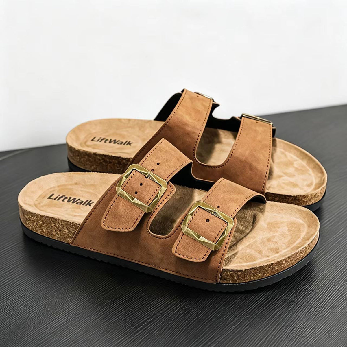 Men's Double Buckle Cork Footbed Sandals with Non-Slip Sole