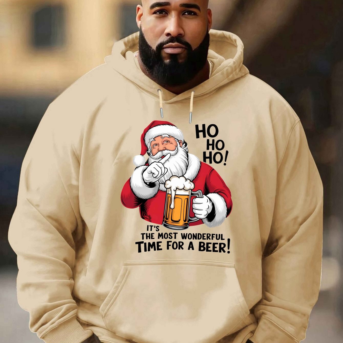 Men'S Red Hoodie with Santa Claus & Beer Mug Graphic - "Ho Ho Ho! It'S the Most Wonderful Time for a Beer!" - Cozy Plush Pullover for Fall & Winter, Casual Holiday Wear, Christmas Clothes, Plus Size