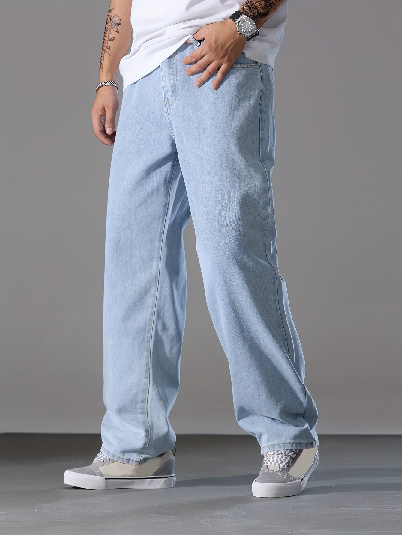 Men's Solid Denim Pants With Pockets, Causal Cotton Blend Jeans For Outdoor Activities