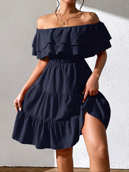 Women'S Off the Shoulder Ruffle Hem Casual Dress, Polyester 100%, Solid Color, Fitted, Woven, for All Seasons