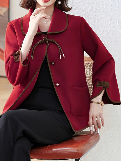 Կանացի էլեգանտ կորեա-ճապոնական ոճի գարուն/աշնանային բաճկոն - մուգ կանաչ՝ շագանակագույն կոճակներով և դեկորատիվ կոճակներով, լվացքի մեքենայով լվացվող թեթև վերնազգեստ՝ առօրյա կամ պաշտոնական հագուստի համար