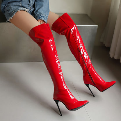 2025 Women's Pointed-Toe Patent Over-the-Knee-High Boots, Ultra High Heel Design, Sexy and Fashionable. Side Zipper for Easy On/Off Wear with Thin Lining Inside to Provide Personality Warmer Comfort; Eye-Catching at Parties o