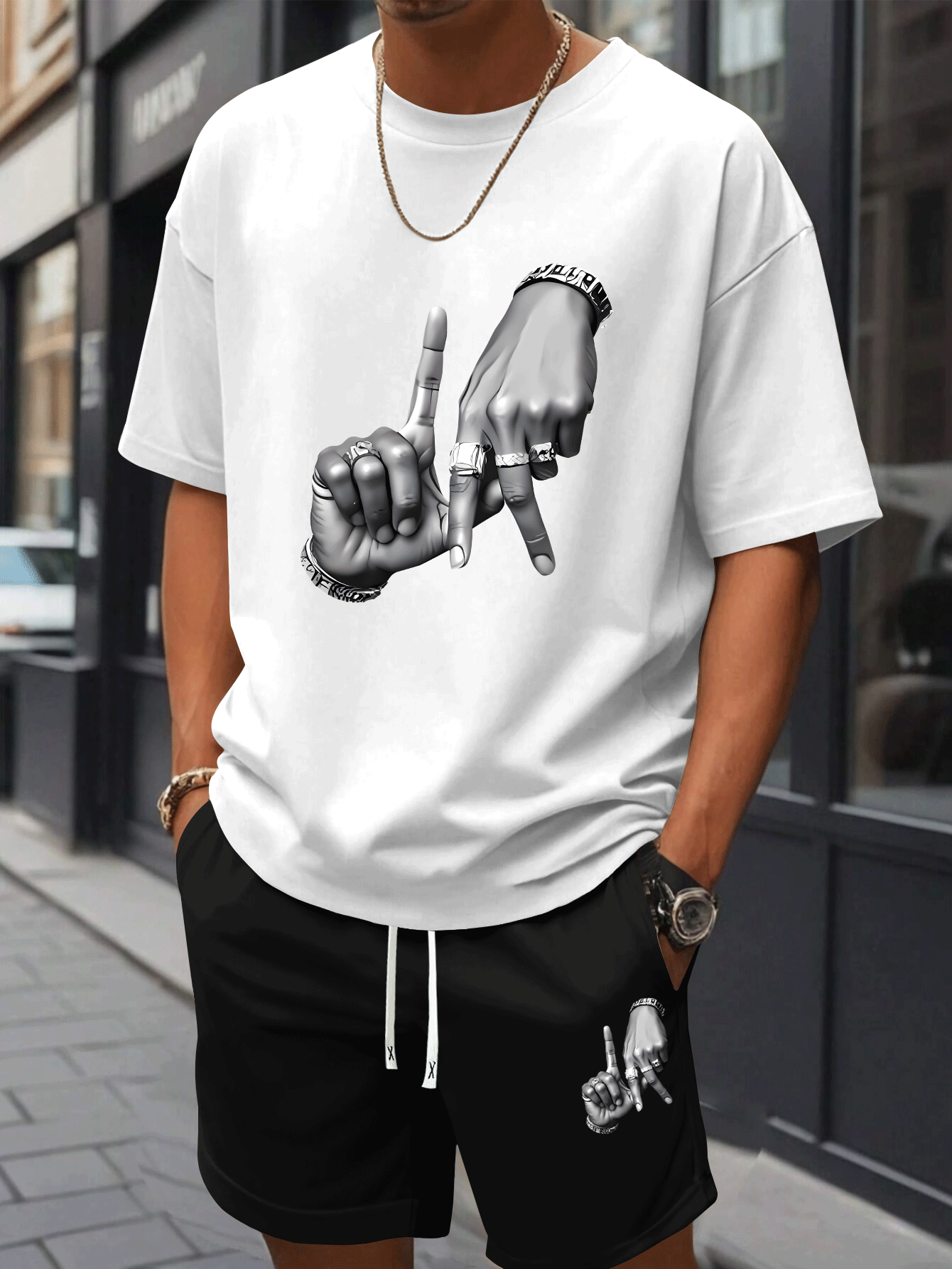 New Summer Men's Printed 2pcs Fashion Casual Suit, Round Neck Short Sleeve T-shirt and Waistband Shorts Set