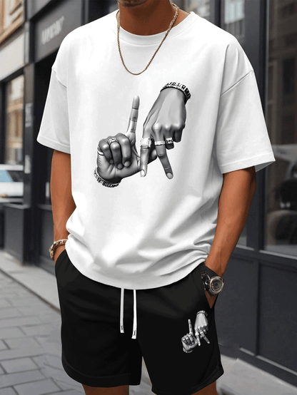 New Summer Men's Printed 2pcs Fashion Casual Suit, Round Neck Short Sleeve T-shirt and Waistband Shorts Set